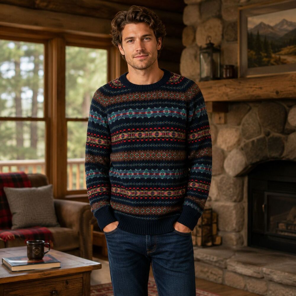 J Crew Mens L 100% Wool Fair Isle Alpine Sweater Navy Nordic Crewneck Knit